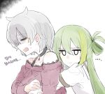  2girls alina_gray an_sin azusa_mifuyu black_choker blonde_hair choker closed_mouth green_hair grey_hair hair_between_eyes hair_horns hug hug_from_behind korean_text long_sleeves magia_record:_mahou_shoujo_madoka_magica_gaiden mahou_shoujo_madoka_magica multicolored_hair multiple_girls off-shoulder_shirt off_shoulder open_mouth pendant_choker red_shirt sakae_general_school_uniform school_uniform shirt short_hair sidelocks simple_background straight_hair streaked_hair sweatdrop upper_body white_background 