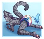  anthro blep blue_eyes butt_slap diaper eyebrows felid feline fur grey_body grey_eyebrows grey_fur hair hi_res male mammal markings pawpads ponytail riddlr simple_background slap solo spanking striped_body striped_fur striped_markings stripes tongue tongue_out uhoh 