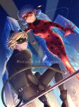  1boy 1girl adrien_agreste animal_ears black_bodysuit black_mask blonde_hair blue_eyes blue_hair bodysuit cat_boy cat_ears chat_noir closed_mouth domino_mask green_eyes highres ladybug_(character) long_hair marinette_dupain-cheng mask miraculous_ladybug polka_dot short_hair smile tomm0515 tower twintails 