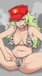 bikini bleach blonde_hair breasts breasts_apart candice_catnipp collarbone green_eyes grey_background hand_on_own_thigh hat highres large_breasts long_hair messy_hair navel oeoeoe_(fyzs5787) open_mouth red_headwear sitting spread_legs steaming_body stomach sweat swimsuit teeth thighs tongue tongue_out 