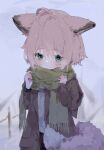  1girl ahoge alternate_costume animal_ears arknights blue_eyes blush brown_jacket closed_mouth commentary fox_ears fox_girl fox_tail green_scarf infection_monitor_(arknights) jacket long_sleeves pink_hair scarf short_hair solo sussurro_(arknights) tail unitedunti 
