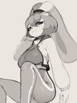  accessory anthro big_breasts breasts clothing female hair hair_accessory hi_res honeycalamari lagomorph leporid long_ears looking_at_viewer mammal monochrome narrowed_eyes rabbit shirt simple_background sitting smile solo topwear 