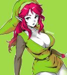  1girl breasts brown_sleeves collarbone english_commentary genderswap genderswap_(mtf) green_background green_headwear green_tunic highres large_breasts link_(shounen_captain) lips long_hair looking_at_viewer missfaves pointy_ears red_hair solo the_legend_of_zelda the_legend_of_zelda_(nes) 