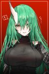  1girl alternate_costume arknights black_shirt breasts clothing_cutout commentary_request green_hair hair_between_eyes highres horn/wood horns hoshiguma_(arknights) hoshiguma_(patrolling_ronin)_(arknights) large_breasts long_hair long_sleeves looking_at_viewer official_alternate_costume oni_horns scar scar_on_face shirt shoulder_cutout single_horn skin-covered_horns smile solo yellow_eyes 