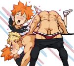  2boys age_difference anal ass bara black_pants blonde_hair coach collage haikyuu!! heart highres hinata_shouyou idoraad kiss male_focus male_underwear missionary multiple_boys muscular muscular_male orange_hair pants red_male_underwear sportswear teacher_and_student ukai_keishin underwear volleyball_uniform white_background yaoi 