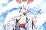  1girl :/ absurdres animal_ears azur_lane blue_eyes blue_fire blue_skirt breasts cleavage expressionless eyeshadow fire flight_deck fox_ears fox_girl fox_tail hand_up highres holding_paper_airplane japanese_clothes japanese_flag kaga_(azur_lane) kimono kitsune large_breasts long_sleeves looking_at_viewer makeup medium_hair multiple_tails no_mask outstretched_arms pleated_skirt pointing pointing_at_viewer print_kimono red_eyeshadow red_sun rigging samip short_hair skirt slit_pupils solo staring tail upper_body white_hair white_kimono wide_sleeves 