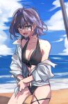 1girl :d beach bikini black_bikini black_bow blue_eyes blue_hair bow breasts brmameng cleavage fang front-tie_bikini_top front-tie_top hair_intakes halterneck highres hololive hololive_english large_breasts looking_at_viewer lower_teeth_only messy_hair open_clothes open_mouth open_shirt ouro_kronii shirt short_hair skin_fang smile solo swimsuit teeth virtual_youtuber water_drop wet wet_clothes white_shirt 