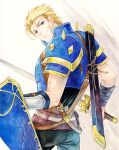  1boy agahari armor back black_pants blue_armor blue_eyes cross_scar fire_emblem fire_emblem:_mystery_of_the_emblem from_behind holding holding_shield holding_sword holding_weapon looking_at_viewer looking_back ogma_(fire_emblem) pants pauldrons scar shield shoulder_armor smile solo spiked_pauldrons sword weapon 