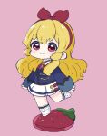  1girl aikatsu! aikatsu!_(series) blazer blonde_hair blue_jacket blush boots chibi closed_mouth full_body hair_ribbon hairband highres hoshimiya_ichigo jacket long_hair long_sleeves looking_at_viewer nozo_(hitomiz) pink_background red_eyes red_hairband red_ribbon ribbon school_uniform shirt simple_background skirt sleeves_past_wrists smile solo standing standing_on_one_leg very_long_hair white_footwear white_shirt white_skirt 