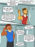  anthro bovid bovine canid canine canis cattle clothed clothing comic coyote dialogue duo english_text fully_clothed fuze hi_res locker locker_room male mammal mond_reyes shirt tank_top texnatsu text topwear ty_conrad 