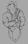  anthro braided_hair bulge clothed clothing dragon hair hi_res hoodie horn humanoid leander_dk leander_dk_(artist) looking_away male monochrome muscular muscular_anthro muscular_male open_clothing open_topwear partially_clothed pecs sketch solo topwear underwear 