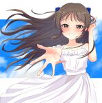  1girl absurdres blue_bow blue_sky blush border bow brown_eyes brown_hair choudai-sama cloud dress facing_viewer grin hair_bow highres idolmaster idolmaster_cinderella_girls long_hair reaching_towards_viewer sky smile solo tachibana_arisu teeth upper_body white_border white_dress 