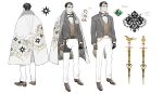  1boy alchemy_stars asymmetrical_gloves coat coat_on_shoulders collared_shirt flower_in_pocket formal full_body gloves hair_slicked_back highres long_sleeves male_focus mismatched_gloves pittman_(alchemy_stars) reference_sheet scar scar_on_cheek scar_on_face shirt shishio short_hair sideburns standing suit thick_eyebrows translation_request vest 