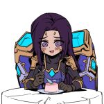  1girl :d alternate_costume blush brown_gloves food gloves kai&#039;sa league_of_legends long_hiar long_sleeves phantom_ix_row plate purple_hair simple_background smile solo table white_background 