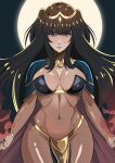  1girl absurdres artist_name black_hair blush breasts cape commentary covered_navel fingernails fire_emblem fire_emblem_awakening fire_emblem_heroes full_moon gold_trim highres ihsnet jewelry large_breasts lips loincloth long_hair looking_at_viewer moon nail_polish navel parted_lips pelvic_curtain purple_eyes revealing_clothes signature simple_background solo tharja_(fire_emblem) tiara turtleneck 