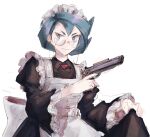  1girl alternate_costume blue_eyes blue_hair conia_(pokemon) earrings enmaided glasses gun highres holding holding_gun holding_weapon jewelry long_sleeves looking_at_viewer maid maid_headdress maxwell_yaochu medium_hair pokemon pokemon_(anime) pokemon_horizons sketch skirt_hold solo stud_earrings weapon white_background 