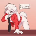  &lt;3 &lt;3_eyes 4_fingers anthro clothing fingers fur genitals hand_on_table hi_res ijm_bingsu lagomorph leporid male mammal necktie penis rabbit rabbit_ears red_clothing scut_tail short_tail simple_background solo speech_bubble tail tongue tongue_out white_body white_fur 