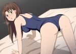  1girl all_fours ass azumanga_daioh blush breasts breath brown_eyes brown_hair commentary_request glasses hall_onon hands_on_bed highres long_hair looking_at_viewer medium_breasts mizuhara_koyomi nervous on_bed open_mouth school_swimsuit shiny_skin shirt solo swimsuit 