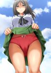  1girl absurdres black_hair black_neckerchief blouse blue_eyes blue_sky bow bow_panties closed_mouth cloud cloudy_sky commentary_request commission crotch_seam day from_below frown girls_und_panzer glaring green_skirt half-closed_eyes highres lifted_by_self long_hair long_sleeves looking_at_viewer miniskirt neckerchief nonna_(girls_und_panzer) ooarai_school_uniform outdoors panties partial_commentary pleated_skirt red_panties sailor_collar school_uniform serafuku shirt skeb_commission skirt sky solo standing swept_bangs underwear white_sailor_collar white_shirt zanntetu 