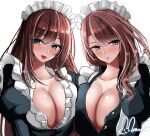  2girls absurdres azur_lane black_dress blue_eyes blush braid breast_press breasts brown_hair cleavage curacoa_(azur_lane) curlew_(azur_lane) dress frills hair_between_eyes highres hisin huge_breasts juliet_sleeves large_breasts long_hair long_sleeves looking_at_viewer maid maid_headdress multiple_girls open_clothes open_mouth open_shirt puffy_sleeves purple_hair signature single_braid smile symmetrical_docking taut_clothes taut_dress upper_body 