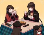  1girl bowl eating family_crest fate/grand_order fate_(series) food hat jacket kotatsu long_hair nintendo_switch noodles oda_nobukatsu_(fate) oda_nobunaga_(fate) oda_nobunaga_(koha-ace) red_eyes siblings sleepy steam table tatami yellow_background yzrh0 