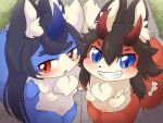  anthro blue_eyes blush blush_lines breasts canid canine countershading demon dipstick_tail duo female female/female fluffy fox hair hi_res horn hybrid long_hair looking_at_viewer looking_up looking_up_at_viewer mammal markings multicolored_body pawpads semi-anthro short small_breasts smile solo tail tail_markings thick_thighs tuft two_tone_body ukan_muri 