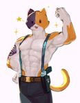  2023 :3 abs absurd_res anthro arm_tattoo belt biceps black_body black_fur bottomwear calico_cat clothed clothing digital_media_(artwork) domestic_cat epic_games felid feline felis fortnite fur gun hi_res holster kogito looking_at_viewer male mammal meowscles muscular muscular_anthro muscular_male navel open_:3 open_mouth open_smile orange_body orange_fur pants pecs ranged_weapon smile solo sparkles suspenders tail tattoo topless weapon white_body white_fur 