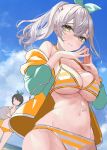  2girls absurdres ball bare_shoulders beach beachball bikini blue_sky blush bow braid breasts character_request cleavage cloud cowboy_shot day faceless faceless_female fingernails green_eyes grey_hair hair_between_eyes hair_bow hair_ornament highres hololive jacket jacket_partially_removed large_breasts light_blush light_smile long_hair looking_at_viewer looking_down multiple_girls navel ocean oozora_subaru open_clothes open_jacket own_hands_together ponytail rum_raisin_(chihiromakita19) shirogane_noel sidelocks sky smile solo standing stomach striped striped_bikini swimsuit thick_eyelashes water yellow_bikini 