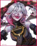  1girl belt black_belt blue_nails border briar_(league_of_legends) colored_sclera colored_skin commentary detached_sleeves dovodo_vo fingernails gradient_hair grey_hair hair_between_eyes highres league_of_legends long_hair multicolored_hair no_pupils open_mouth pink_hair pointy_ears red_border red_sclera sharp_fingernails sharp_teeth sidelocks signature simple_background smile solo streaked_hair teeth tongue tongue_out two-tone_hair upper_body vampire white_background white_eyes white_skin wrist_cuffs 