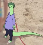  2023 alligator alligatorid anthro artist_name beach black_eyes claws clothing crocodilian digital_drawing_(artwork) digital_media_(artwork) dot_eyes eyelashes female fingers freckles green_body green_hair green_scales hair hoodie i_wani_hug_that_gator leash long_neck long_tail looking_at_viewer olivia_(iwhtg) outside photo_background photography_(artwork) reptile rsbr scales scalie seaside short_hair smile solo tail toe_claws topwear watermark 