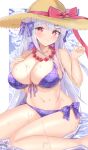  1girl absurdres azur_lane bikini breasts cygnet_(azur_lane) cygnet_(sea_star_on_shore)_(azur_lane) flower flower_necklace front-tie_bikini_top front-tie_top hair_ornament hairclip hat highres kisahipi large_breasts light_smile looking_at_viewer official_alternate_costume oppai_loli plaid plaid_bikini plaid_ribbon purple_bikini ribbon solo straw_hat sun_hat swimsuit 