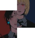  1boy 1other androgynous black_eyes black_hair black_suit blonde_hair blue_background chain chrollo_lucilfer cross_tattoo earrings facial_mark facial_tattoo forehead_mark forehead_tattoo formal highres hunter_x_hunter jewelry kurapika looking_at_viewer necktie red_background red_eyes shirt short_hair split_screen suit tattoo two-tone_background vain_witch white_shirt 