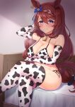  1girl absurdres animal_ears animal_print bikini blue_eyes breasts brown_hair cow_print ear_bow elbow_gloves gloves grey_hair hair_between_eyes highres horse_ears horse_girl horse_tail huge_breasts indoors long_hair looking_at_viewer multicolored_hair navel on_bed panties print_bikini print_gloves print_thighhighs ririsu082 side-tie_panties sitting smile solo string_bikini super_creek_(umamusume) swimsuit tail thighhighs two-tone_hair umamusume underwear very_long_hair 