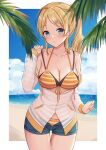  1girl absurdres beach bikini bikini_under_clothes blonde_hair blue_eyes blue_shorts blue_sky blush breasts hachimiya_meguru hair_ornament highres idolmaster idolmaster_shiny_colors long_hair long_sleeves medium_breasts mochiko_(uyu_omochi) ocean orange_bikini ponytail shorts sky solo striped striped_bikini swimsuit 