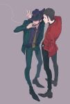  2boys arsene_lupin_iii black_hair brown_hair cigarette commentary_request covered_eyes formal hand_in_pocket hat highres holding holding_cigarette jigen_daisuke looking_at_viewer lupin_iii male_focus multiple_boys necktie short_hair smile smoke smoking suit urourooooo v 