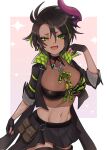 1girl aragami_oga arm_tattoo bandeau belt belt_pouch black_belt black_choker black_footwear black_gloves black_hair black_jacket black_skirt boots breasts brown_shirt choker cropped_jacket dark_skin earrings fang genderswap genderswap_(mtf) gloves green_eyes green_hair green_jacket hair_between_eyes highres holostars horns jacket jewelry large_breasts looking_at_viewer midriff miniskirt multicolored_hair navel onion_(kionlin322) open_clothes open_jacket partially_fingerless_gloves pleated_skirt pouch purple_horns red_pupils revealing_clothes ringed_eyes scowl see-through shirt short_hair simple_background single_horn skirt solo tattoo thigh_boots virtual_youtuber white_background zettai_ryouiki 