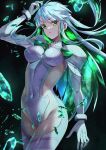  1girl blue_hair colored_eyelashes colored_inner_hair crystal crystal_hair fate/grand_order fate_(series) green_eyes green_hair highres kukulkan_(fate) kukulkan_(second_ascension)_(fate) light_blue_hair long_hair looking_at_viewer multicolored_hair one_heart1201 sideless_outfit upper_body 