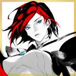  1girl armor black_hair blue_eyes border breasts chest_armor closed_mouth english_commentary expressionless fiora_(league_of_legends) greyscale jian_tai_(cuoyu0) large_breasts league_of_legends looking_to_the_side monochrome multicolored_hair orange_border red_hair short_hair shoulder_armor signature simple_background solo streaked_hair swept_bangs two-tone_hair upper_body white_background 