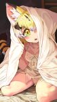 1girl absurdres animal_ear_fluff animal_ears black_hair blonde_hair blush breasts cat_ears cat_girl cat_tail collarbone extra_ears eyelashes green_eyes head_tilt highres kemono_friends looking_at_viewer medium_hair melaton multicolored_eyes multicolored_hair nightgown one_eye_covered open_mouth sand_cat_(kemono_friends) see-through sitting small_breasts solo tail under_covers wariza white_hair yellow_eyes 