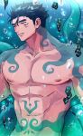  1boy abs alternate_eye_color bara chest_tattoo doku_(hitori_ox) expressionless extra_eyes fish_boy half-closed_eyes highres large_pectorals looking_ahead male_focus monsterification muscular muscular_male navel nipples nude pectorals protagonist_3_(housamo) red_eyes sideburns solo stomach tattoo tentacle_tattoo tentacles thick_eyebrows tokyo_afterschool_summoners underwater 