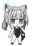  1girl :o animal_ear_fluff animal_ears bag bare_arms bare_shoulders bell_(oppore_coppore) black_footwear black_one-piece_swimsuit blue_archive blue_eyes breasts chibi collarbone commentary_request earrings full_body grey_hair hair_ornament halo jewelry long_hair looking_at_viewer one-piece_swimsuit parted_lips ponytail sandals shiroko_(blue_archive) shiroko_(swimsuit)_(blue_archive) sidelocks small_breasts solo standing stud_earrings swimsuit 