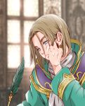  1boy blue_eyes bob_cut brown_hair closed_mouth dragon_quest dragon_quest_xi green_robe hand_on_own_cheek hand_on_own_face hero_(dq11) highres indoors jewelry looking_at_object looking_down male_focus myukom neck quill ring robe scarf short_hair solo white_scarf window 