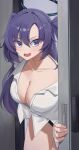  1girl absurdres alternate_costume black_panties blue_archive blush breasts cleavage collarbone door halo highres large_breasts leaning_forward long_hair looking_at_viewer mcbox panties purple_eyes purple_hair shirt solo two_side_up underwear very_long_hair white_shirt yuuka_(blue_archive) 