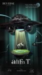  alien_t aqua_background aqua_curtains character_name copyright_name cow curtains english_text flying_saucer grass highres logo no_humans object_focus official_art radio_antenna reverse:1999 shadow spacecraft spotlight traction_beam ufo 