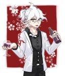  1boy :d absurdres ahoge belt black_bow black_bowtie black_pants black_vest border bottle bow bowtie buttons cowboy_shot cup danganronpa_(series) danganronpa_10th_anniversary_costume danganronpa_2:_goodbye_despair floral_background green_eyes grey_shirt hair_between_eyes hands_up highres holding holding_bottle holding_cup jacket komaeda_nagito layered_sleeves long_sleeves looking_at_viewer loose_bowtie male_focus messy_hair one_side_up open_collar outside_border pants print_jacket red_background sakuramon seumol_sx shirt short_hair smile solo suit_jacket vest waistcoat wavy_hair white_belt white_border white_hair white_jacket 