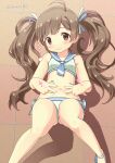  1girl absurdres ahoge artist_name bikini blush bow brown_eyes brown_hair closed_mouth dannd hair_ribbon hakozaki_serika hands_on_own_stomach highres idolmaster idolmaster_million_live! idolmaster_million_live!_theater_days knees_up long_hair lying navel on_back pavement ribbon sailor_collar sailor_swimsuit_(idolmaster) sandals smile swimsuit twintails very_long_hair 