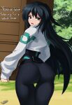  1girl absurdres aqua_eyes ass black_bodysuit black_hair blush bodysuit from_behind gundam gundam_build_divers gundam_build_divers_re:rise hammerofsolace highres impossible_bodysuit impossible_clothes long_hair looking_at_viewer looking_back may_(gundam_build_divers_re:rise) open_mouth outdoors shrug_(clothing) skin_tight solo standing very_long_hair 