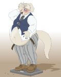  5_fingers absurd_res anthro beastars belly black_nose bloated blue_eyes blush bottomwear canid canine canis clothed clothing collot_(beastars) domestic_dog fingers fondoffrogs footwear fur hi_res huge_belly male mammal navel necktie obese obese_male overweight overweight_male pants shirt shoes solo tail topwear vest weighing_scale white_body white_fur 
