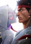  1boy 1girl black_hair bodysuit capcom commentary crossover etama_quomo headband hood hooded_bodysuit looking_at_another marvel mask muscular ryu_(street_fighter) short_hair skin_tight spider-gwen spider-man_(series) street_fighter superhero symbol-only_commentary 