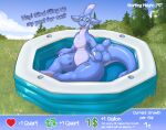  2023 ambiguous_gender anthro arador_(aradortd) aradortd big_tail blue_body dialogue dragon fangs green_eyes growth_drive hi_res huge_thighs looking_at_viewer multicolored_body nude open_mouth outside pool scalie sitting smile solo tail teeth text thick_thighs white_body 